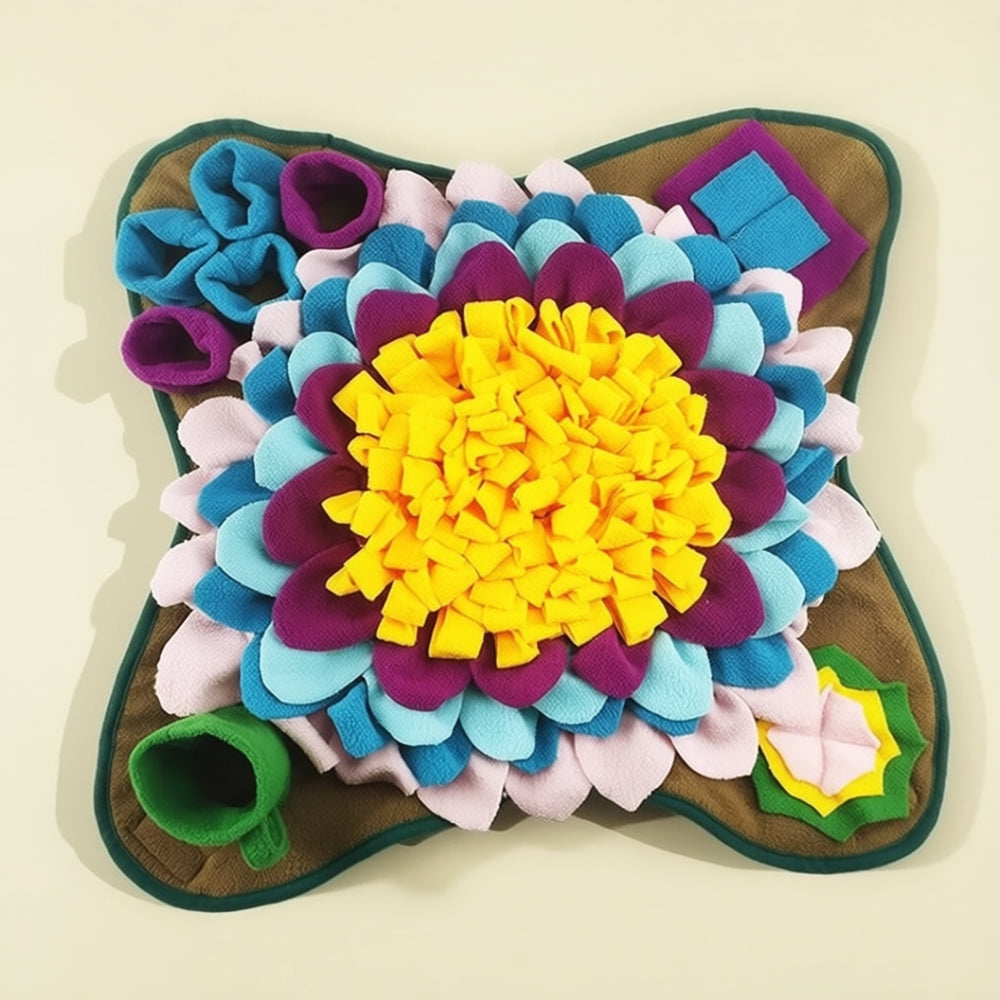 Alfombra olfativa CloudSleep — alfombra de actividades de fieltro multicolor con una flor amarilla central y bolsillos para premios.