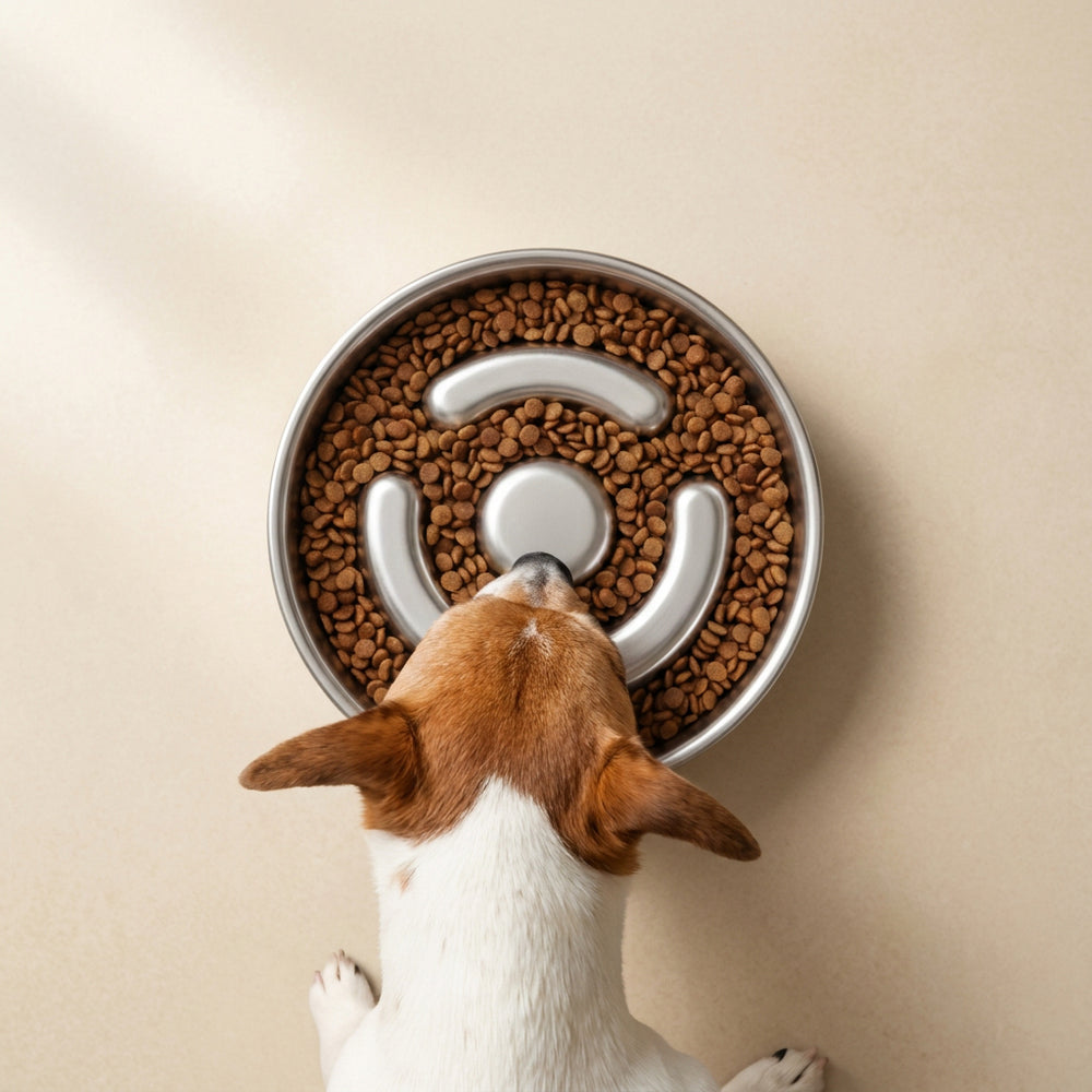 Overhead view of a dog eating kibble from the stainless-steel slow feeder.