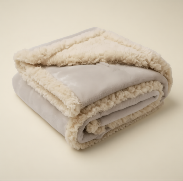 Couverture apaisante CloudSleep — couverture pliée gris-beige clair, avec une face extérieure lisse et une doublure sherpa crème.