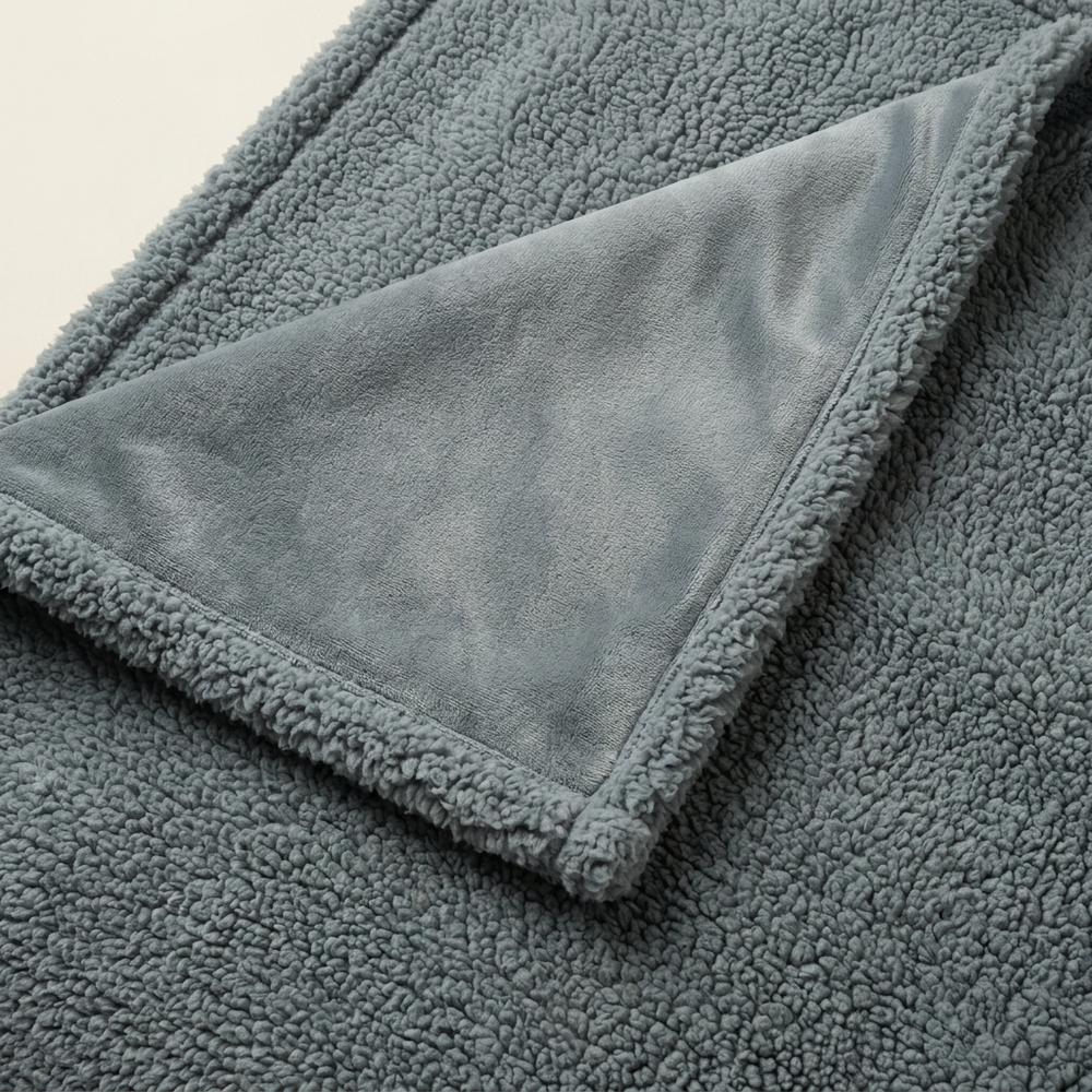 Gros plan sur le coin retourné et le tissu texturé de la couverture grise.