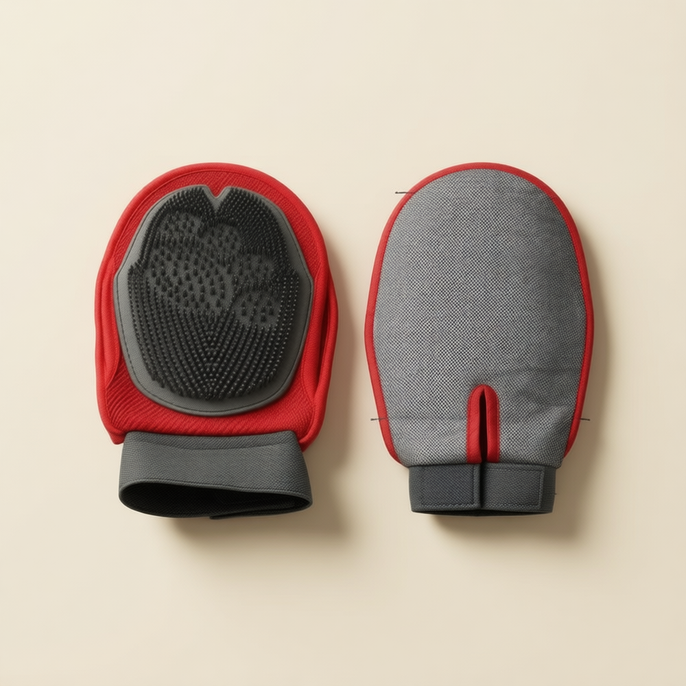 CloudSleep Grooming Glove — front and back views of one red grooming mitten, showing the bristled palm and grey fabric reverse.