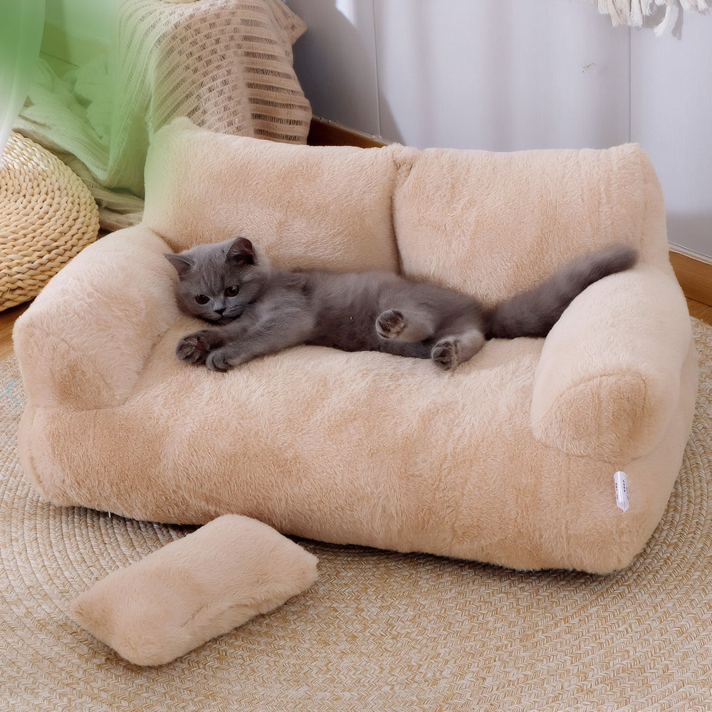 Grey cat lying on a mousse coffee CloudSleep plush sofa bed