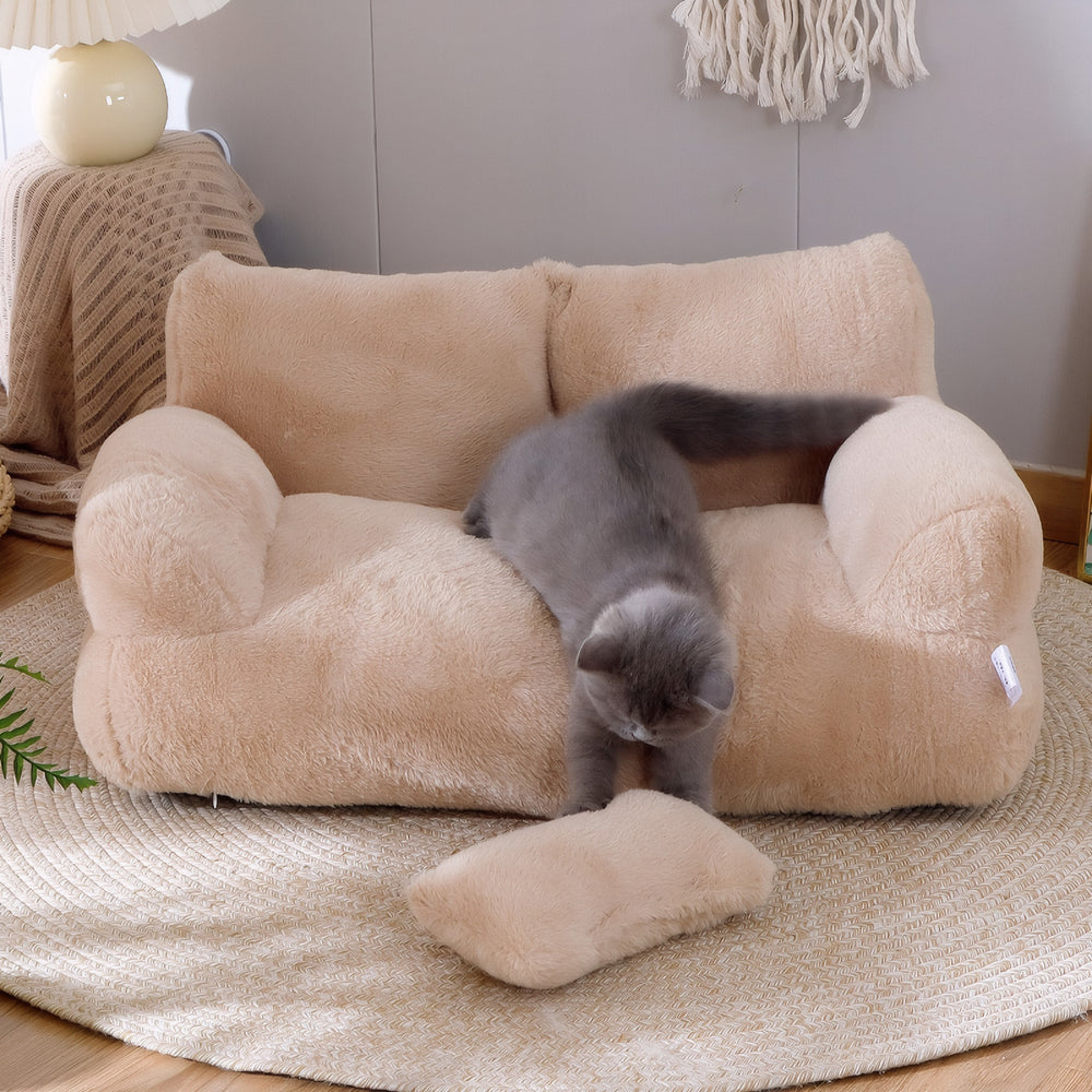 Grey cat climbing onto a mousse coffee CloudSleep plush sofa bed