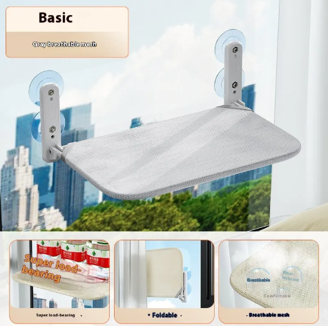 Gray mesh cover CloudSleep window hammock mounted on a window