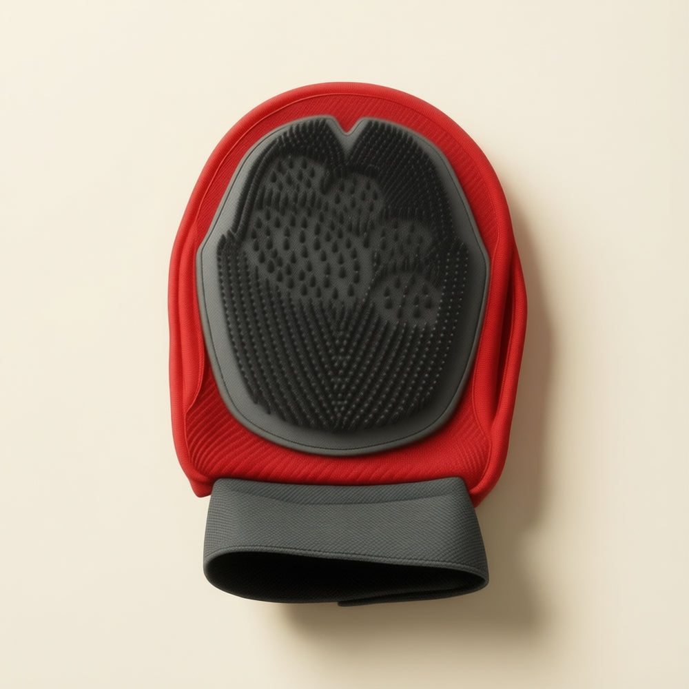 CloudSleep Grooming Glove — red grooming mitten with dark silicone bristles and a black wrist cuff.