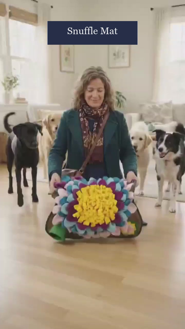 A group of dogs sniffing treats in the CloudSleep Snuffle Mat
