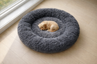 CloudSleep Anti-Anxiety Bed -- small dog asleep in dark grey bed on wooden floor by a window