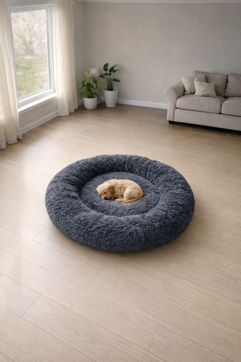 CloudSleep Anti-Anxiety Bed -- dog resting in round dark grey bed in living room with sofa and plants