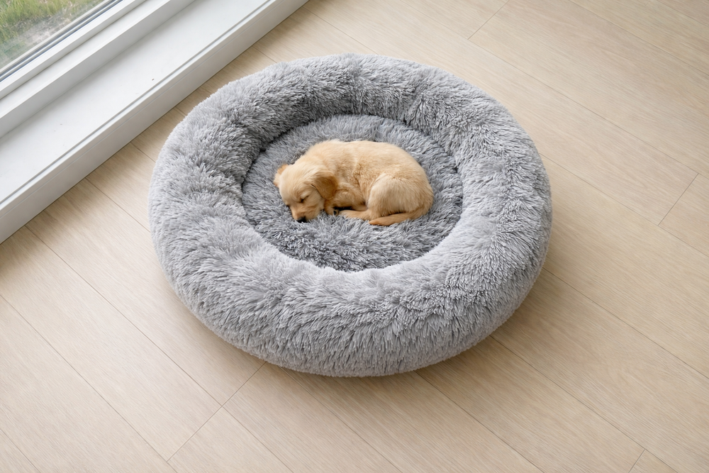 CloudSleep Anti-Anxiety Bed -- small dog asleep in light grey bed on wooden floor by a window