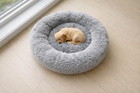 CloudSleep Anti-Anxiety Bed -- small dog asleep in light grey bed on wooden floor by a window
