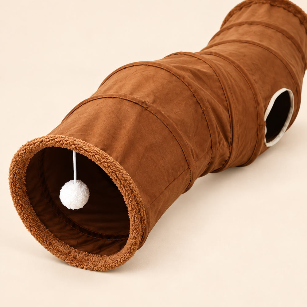 Close view of Brown curved cat tunnel entrance with matching trim, side opening, and hanging white pom-pom on a warm studio background.