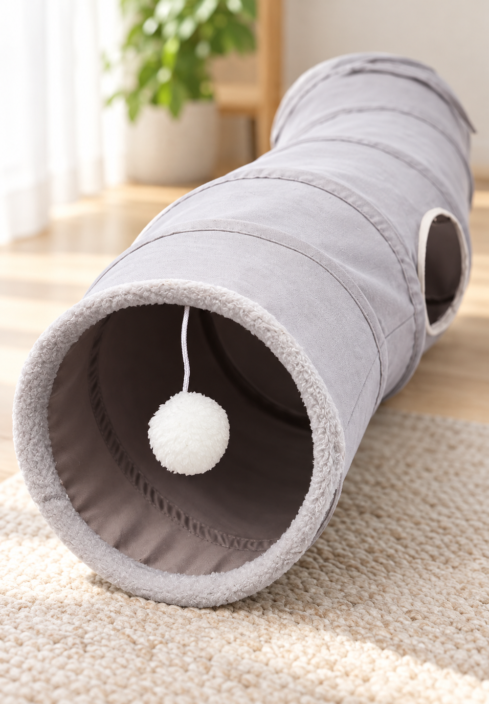 Close view of Grey curved cat tunnel entrance with pale trim, side opening, and hanging white pom-pom in a softly lit room.